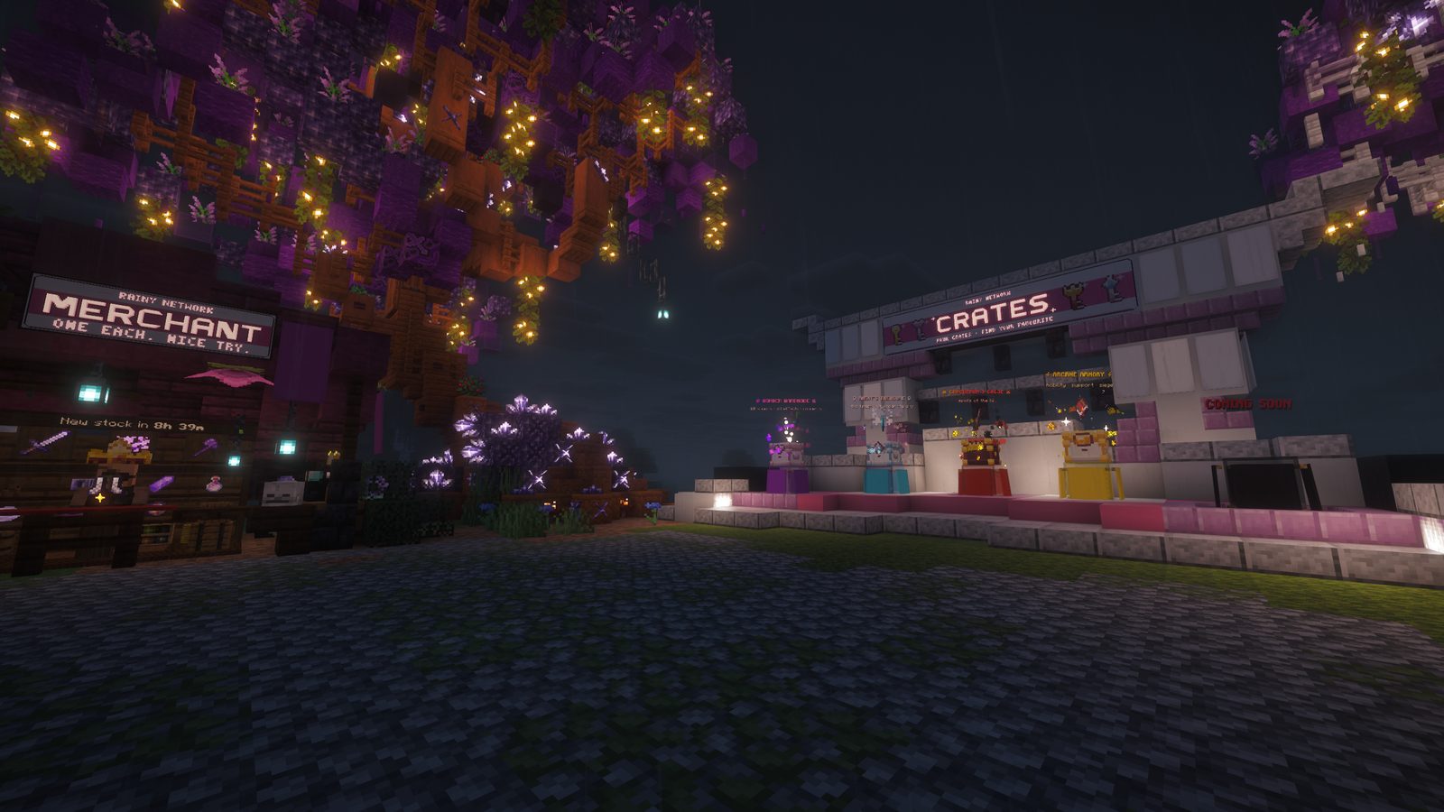 The crate plaza and the Merchant at night