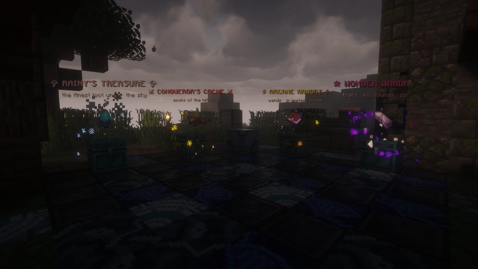 The four crates in-game with their floating names