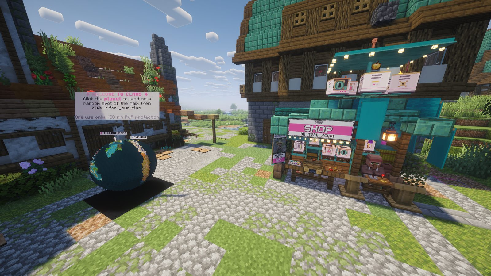 The Clans spawn with the shop and the planet that sends you into the world