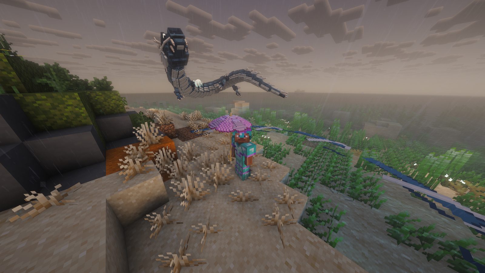 The dragon pet Takaokami flying over a player in the rain