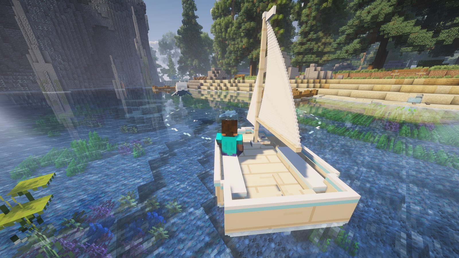 A player in a sailboat on the Warp Fish lake